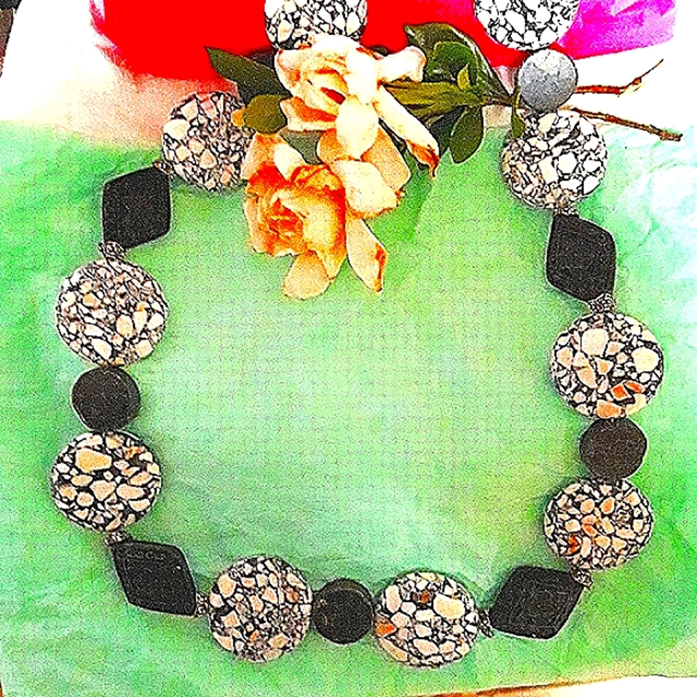 HAND CRAFTED Laboridite, Cinnabar Necklace 18-20" in Black